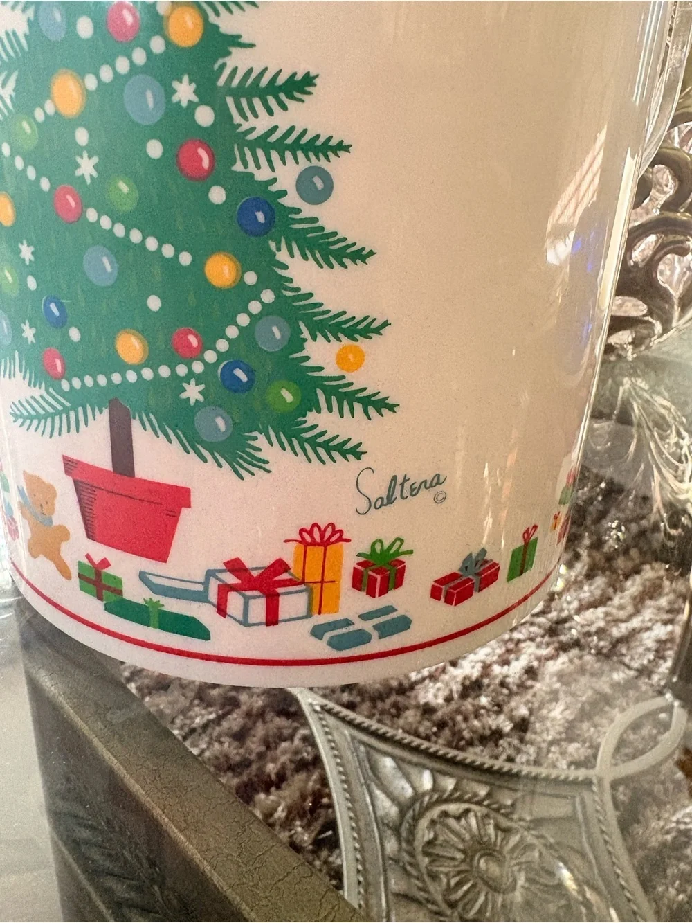 Saltera Vintage plastic Ice Bucket Canister with Green Christmas Tree Print